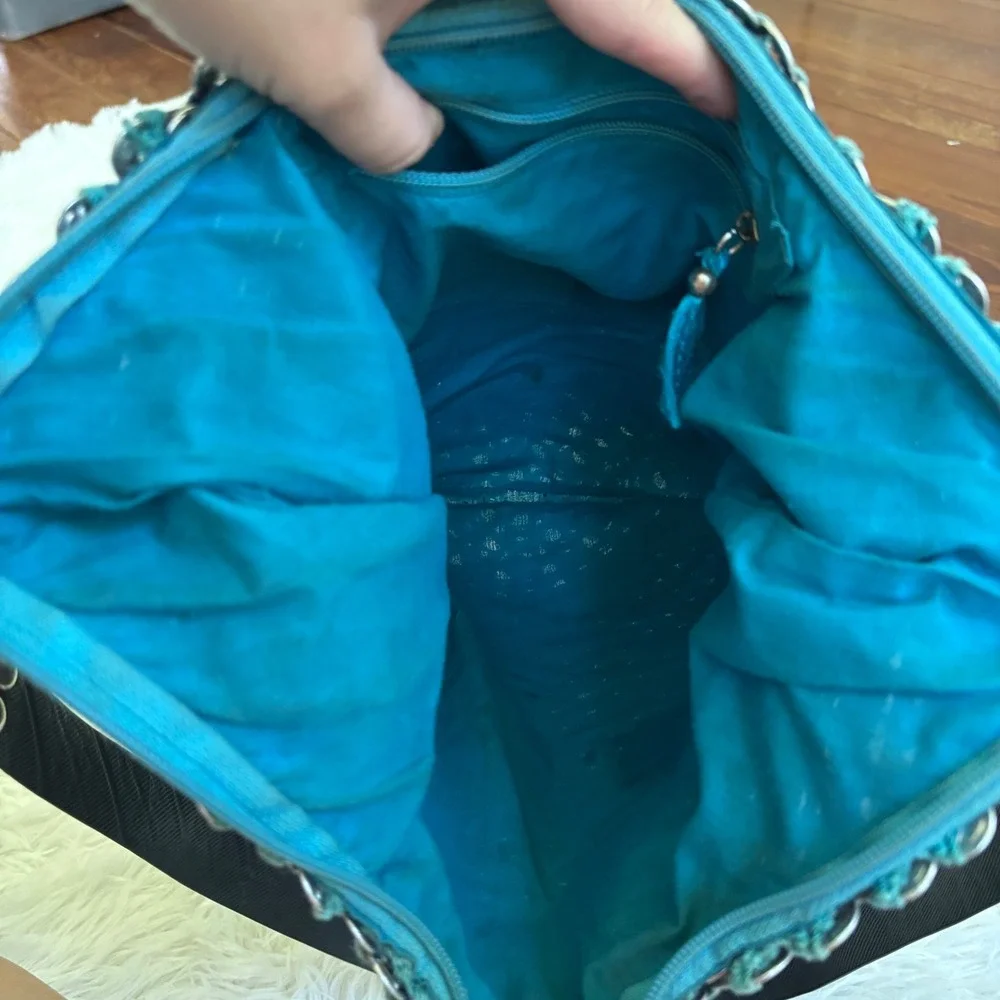 Escama Studio Soda Pop Tab Shoulder Bag Teal Crochet Chainmail Hobo Purse Silver